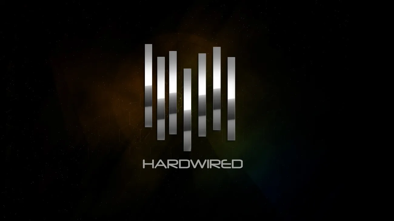 The Hardwired chrome bar logo over a dark starfield